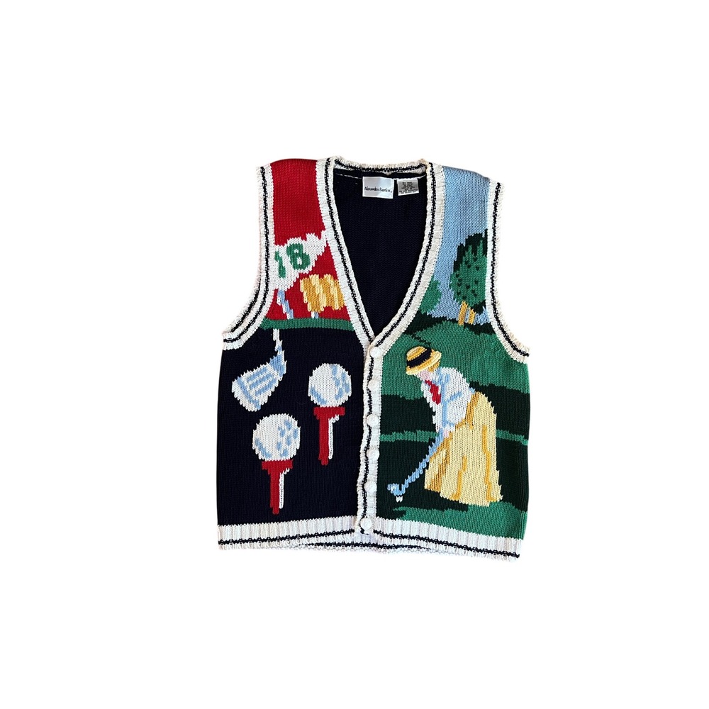 Alexandra Bartlett Vintage Golf Knit Sweater Vest Navy Blue Multi Color Medium